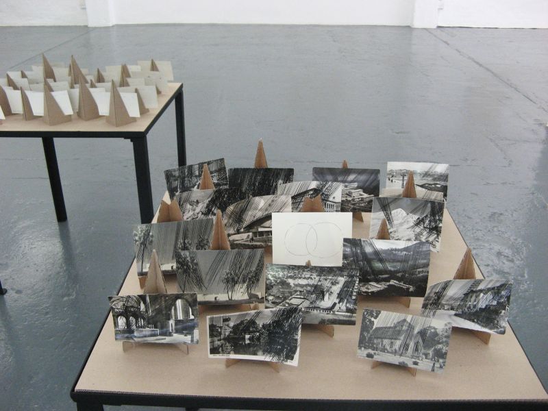 Click the image for a view of: Interference I & II. 2011. Ink on postcards. Installation view